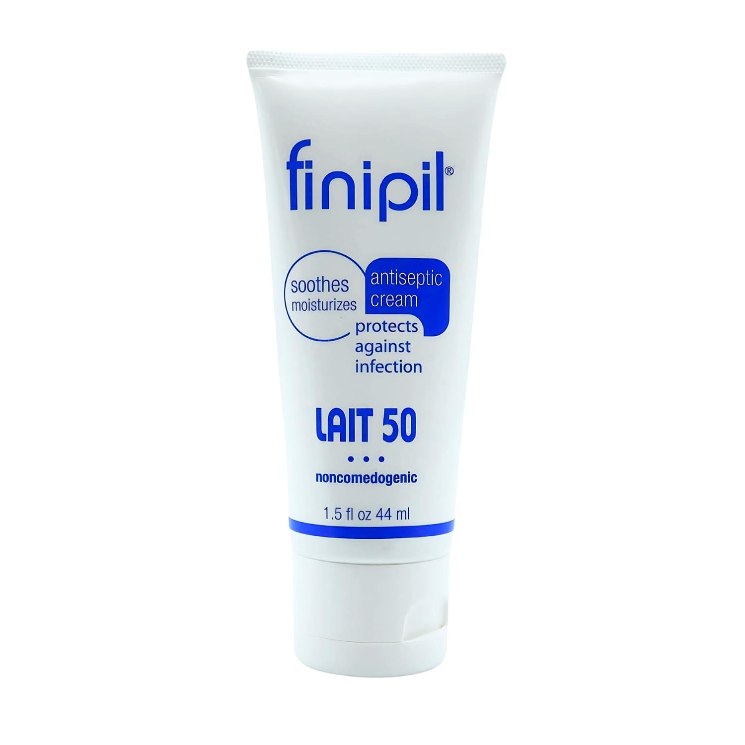 Finipil Lait 50 antiseptic cream in a white 1.5 fl oz (44 ml) tube with blue lettering: soothes, moisturizes, protects against infection, noncomedogenic
